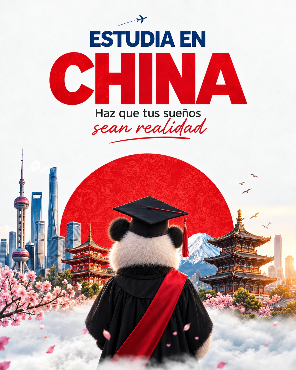 Panda graduado ante paisajes de China. Cartel: Estudia en China. Haz que tus sueños sean realidad.