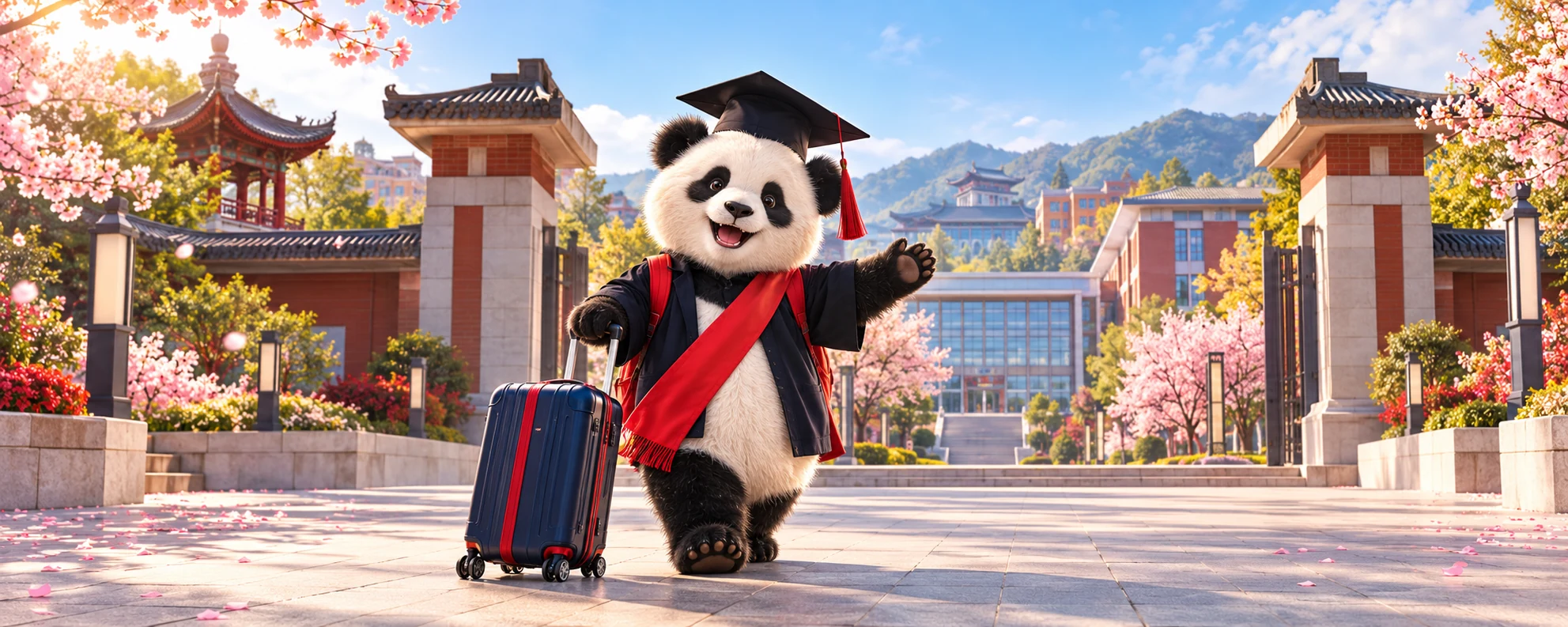 Panda viajero con maleta llega a una universidad en China